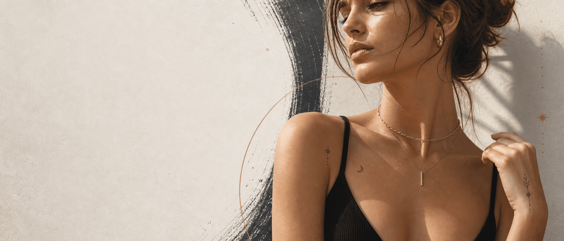 Veyra Ink jewelry and collarbone editorial hero with fine-line tattoos