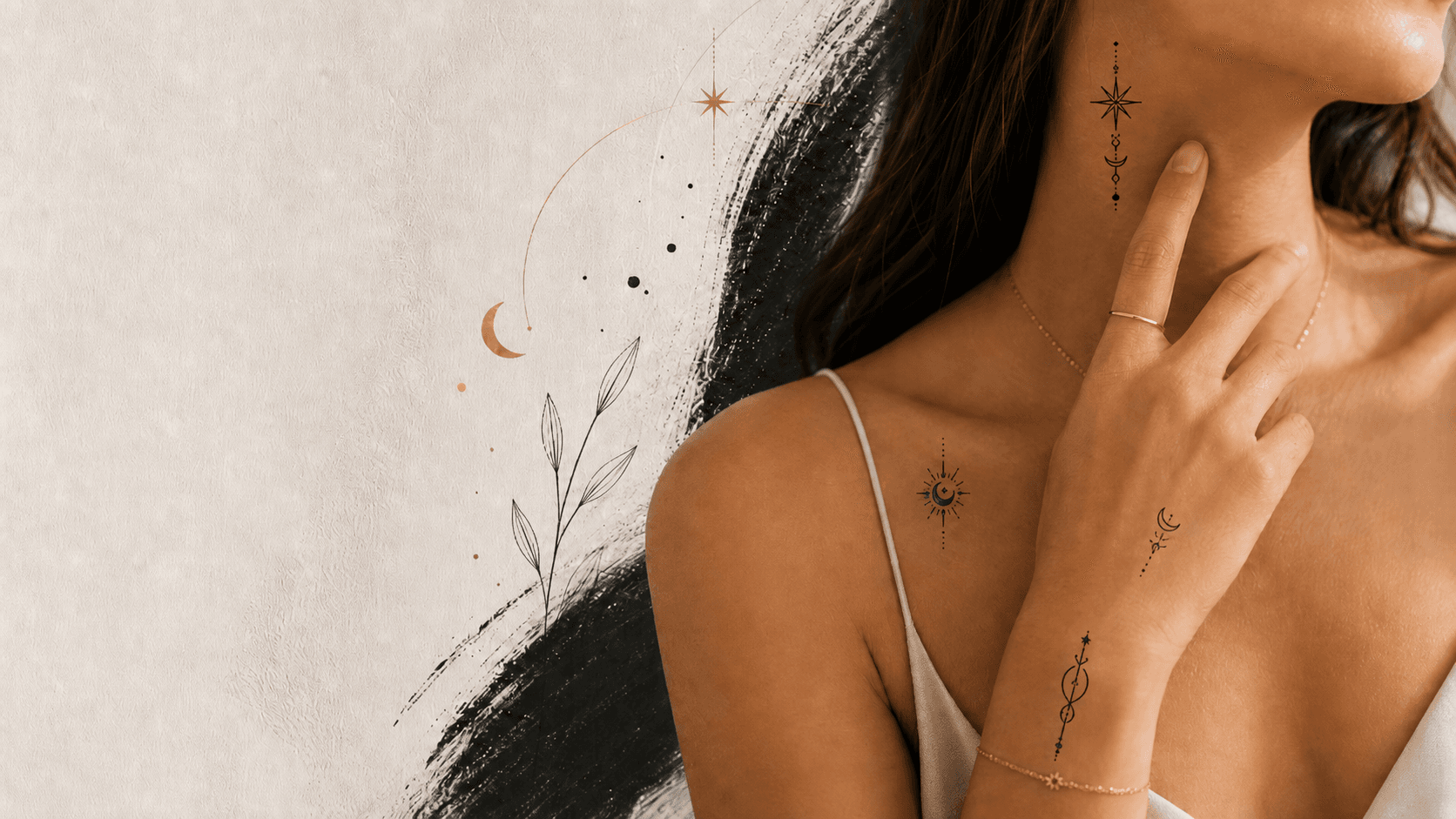Veyra Ink collarbone and hand editorial hero with fine-line temporary tattoos
