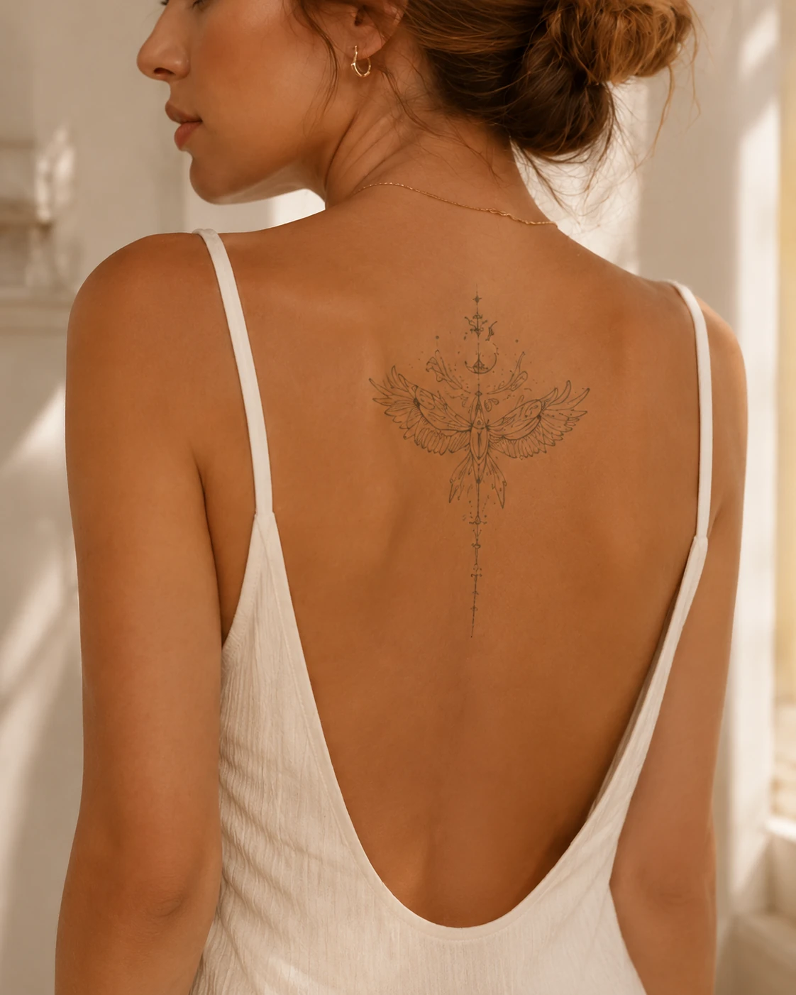 Custom tattoo placement preview on upper spine
